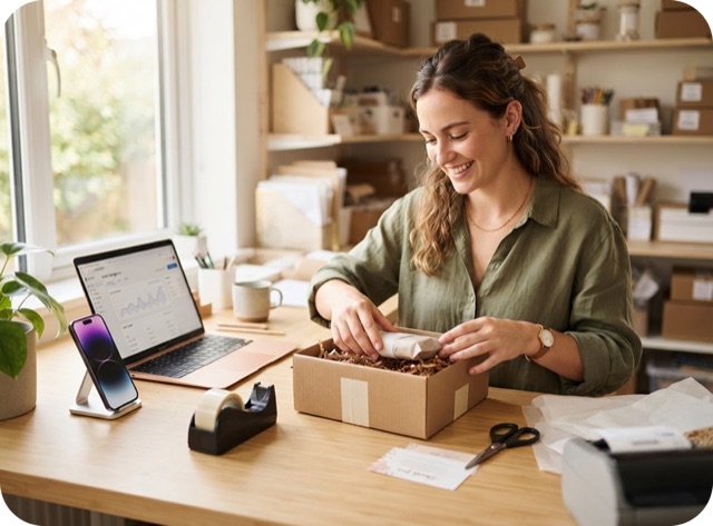 Siparişleri paketleyen e-ticaret çalışanı